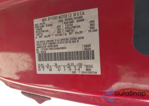 2002 Ford F-150 Lariat/Xl/Xlt z USA, uszkodzony, nr VIN 1FTRX17W72NB40863